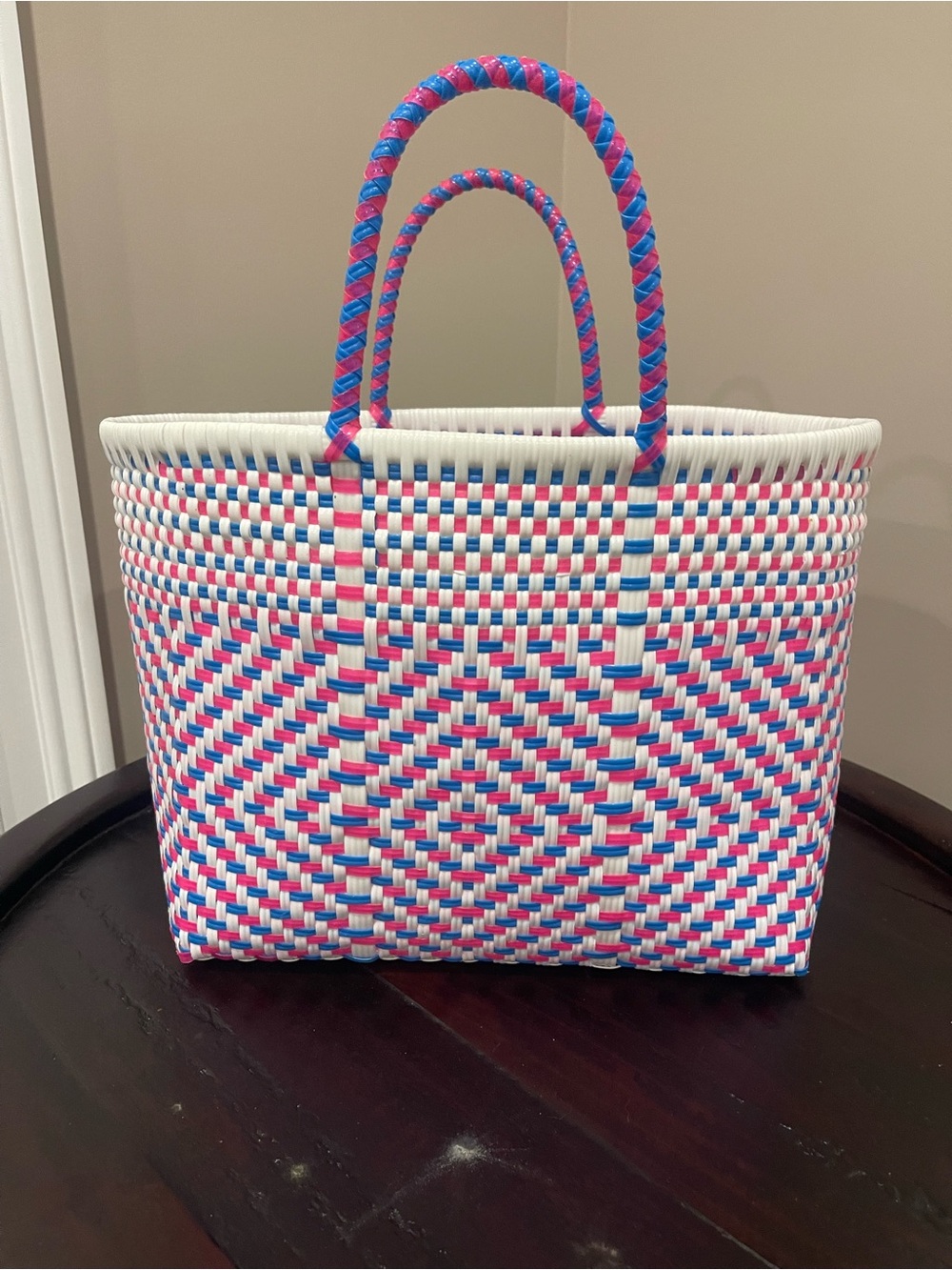 Woven Tote Bag in White, Pink & Blue - Classic Summer Carryall